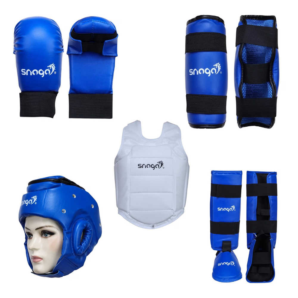 Snaga Karate Protective Kit with Gloves, Headguard, Chest Guard & Shin Pads – Blue