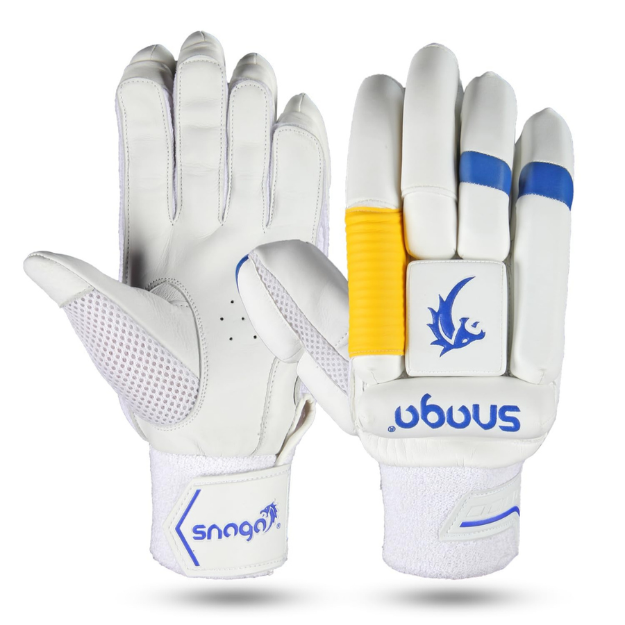 Snaga Professional Cricket Batting Gloves for Boys – Leather, White & Blue