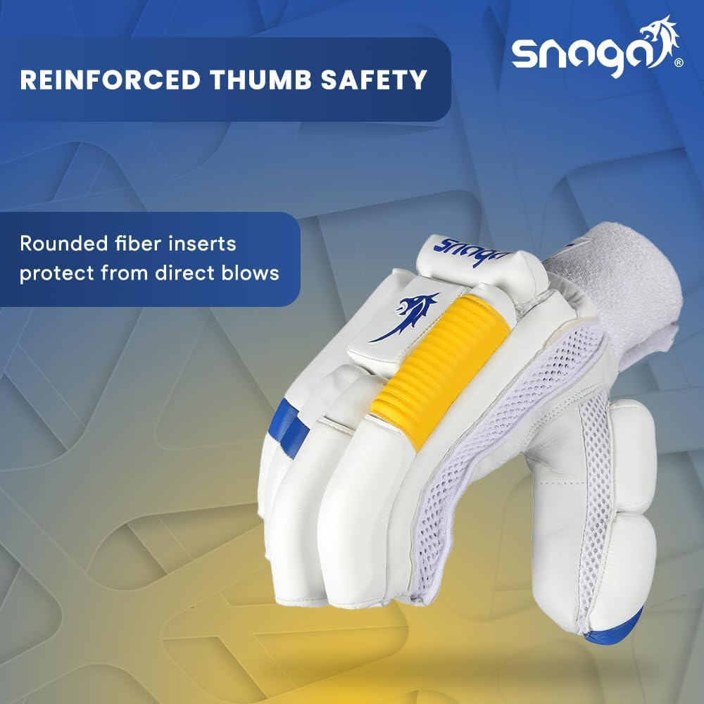 Snaga Professional Cricket Batting Gloves for Boys – Leather, White & Blue