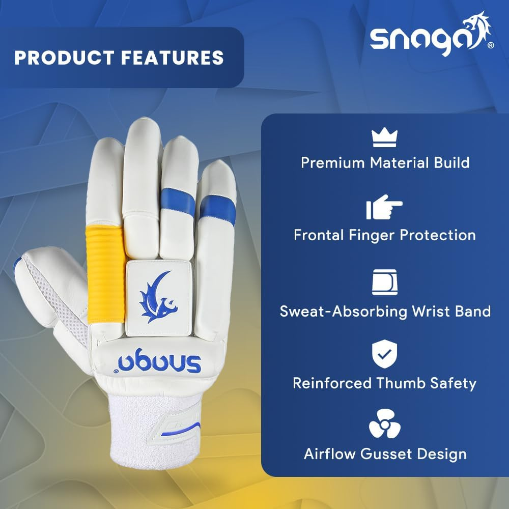 Snaga Professional Cricket Batting Gloves for Boys – Leather, White & Blue