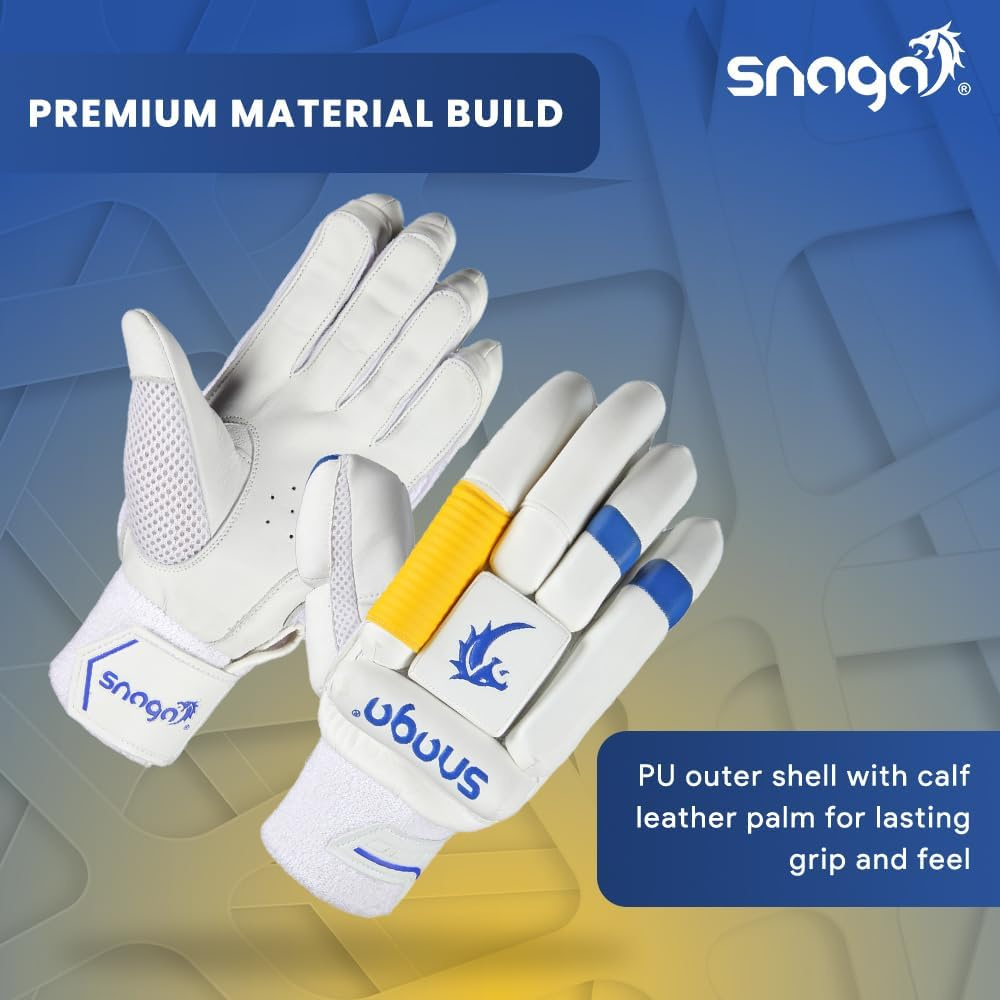 Snaga Professional Cricket Batting Gloves for Boys – Leather, White & Blue