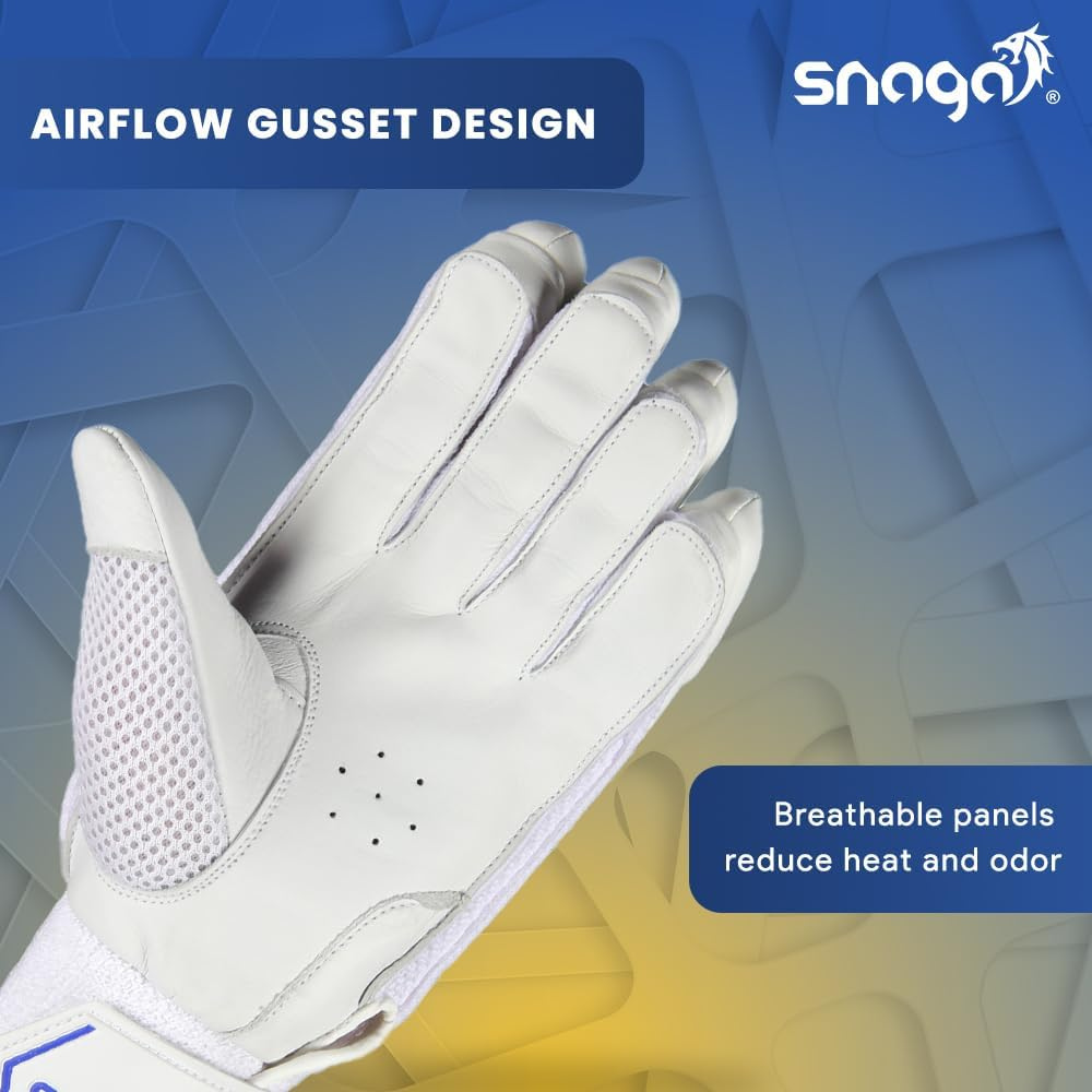Snaga Professional Cricket Batting Gloves for Boys – Leather, White & Blue